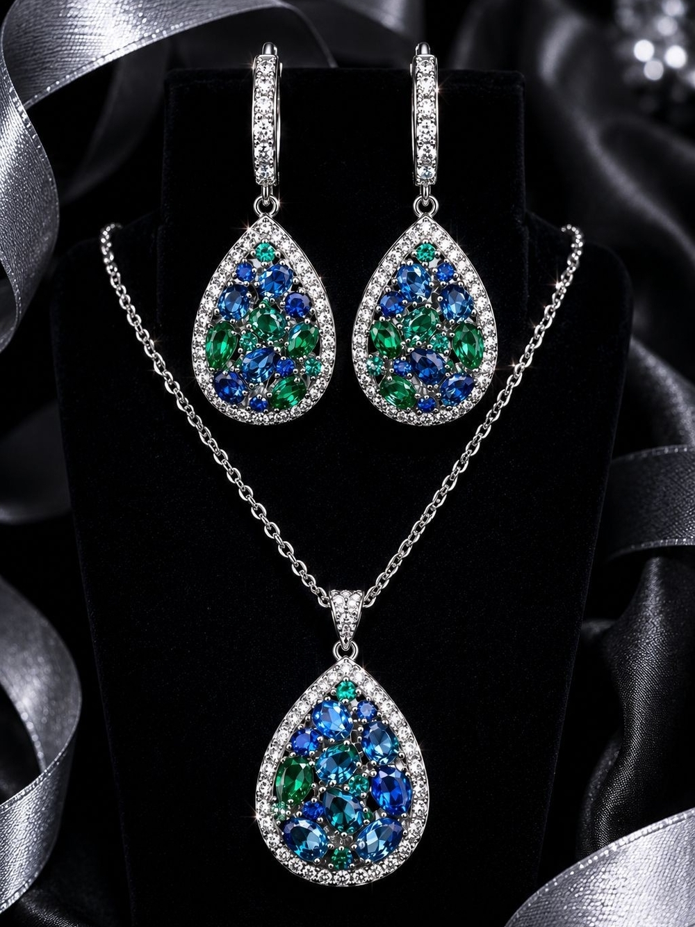 Silver Teardrop Necklace & Earring Set With Blue And Green Stones